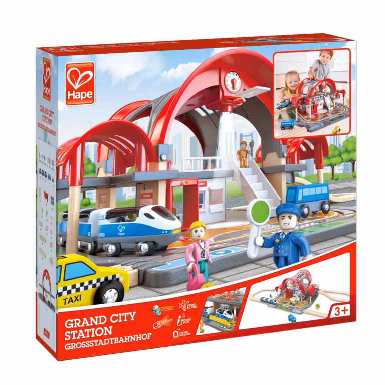 Circuit train bois enfant Hape Grand City Station — Gare interactive 49 pièces lumières et sons | Bébé Prestige Maroc Circuit train bois enfant Maroc — Gare Hape Grand City Station 49 pièces lumières sons projecteur | Bébé Prestige