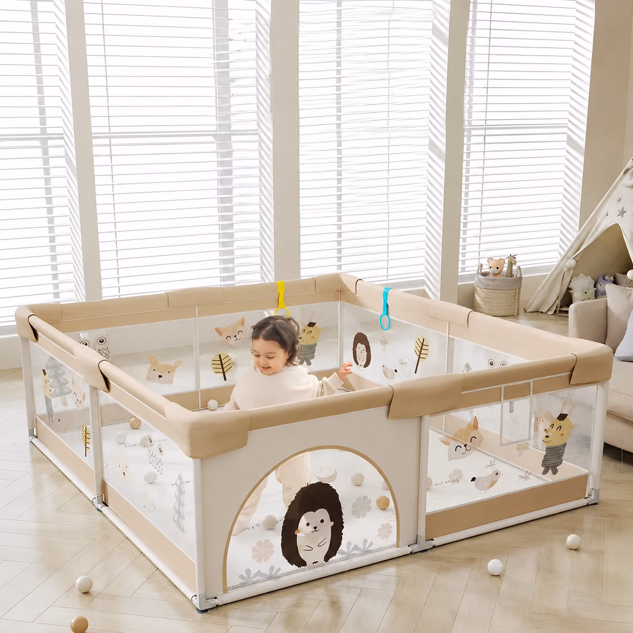 Parc de jeux bébé pliable 200cm x180 cm Beige avec tapis et balles Parc de jeux bébé pliable 200cm x180 cm Beige avec tapis et balles
