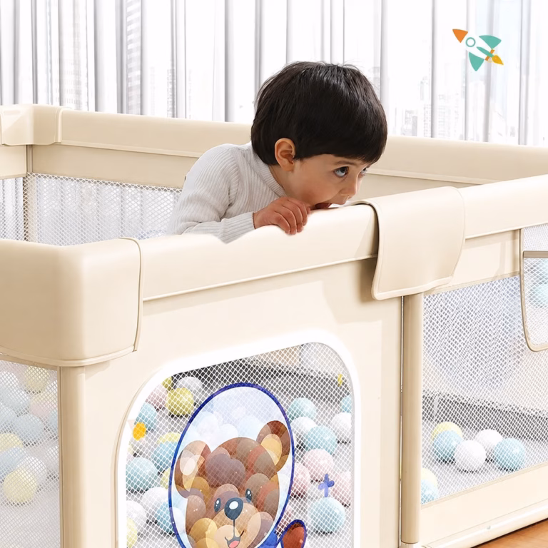 Parc de jeux bébé pliable 200cm x180 cm Beige avec tapis et balles Parc de jeux bébé pliable 200cm x180 cm Beige avec tapis et balles