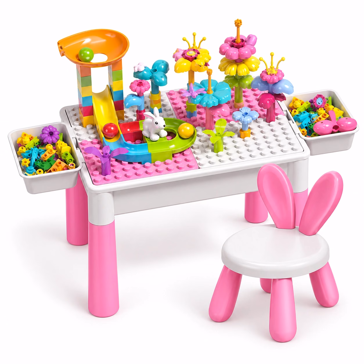 Table de construction 6 en 1 avec chaise lapin, plateau et pièces fleurs colorées Table de construction 6 en 1 avec chaise lapin, plateau et pièces fleurs colorées