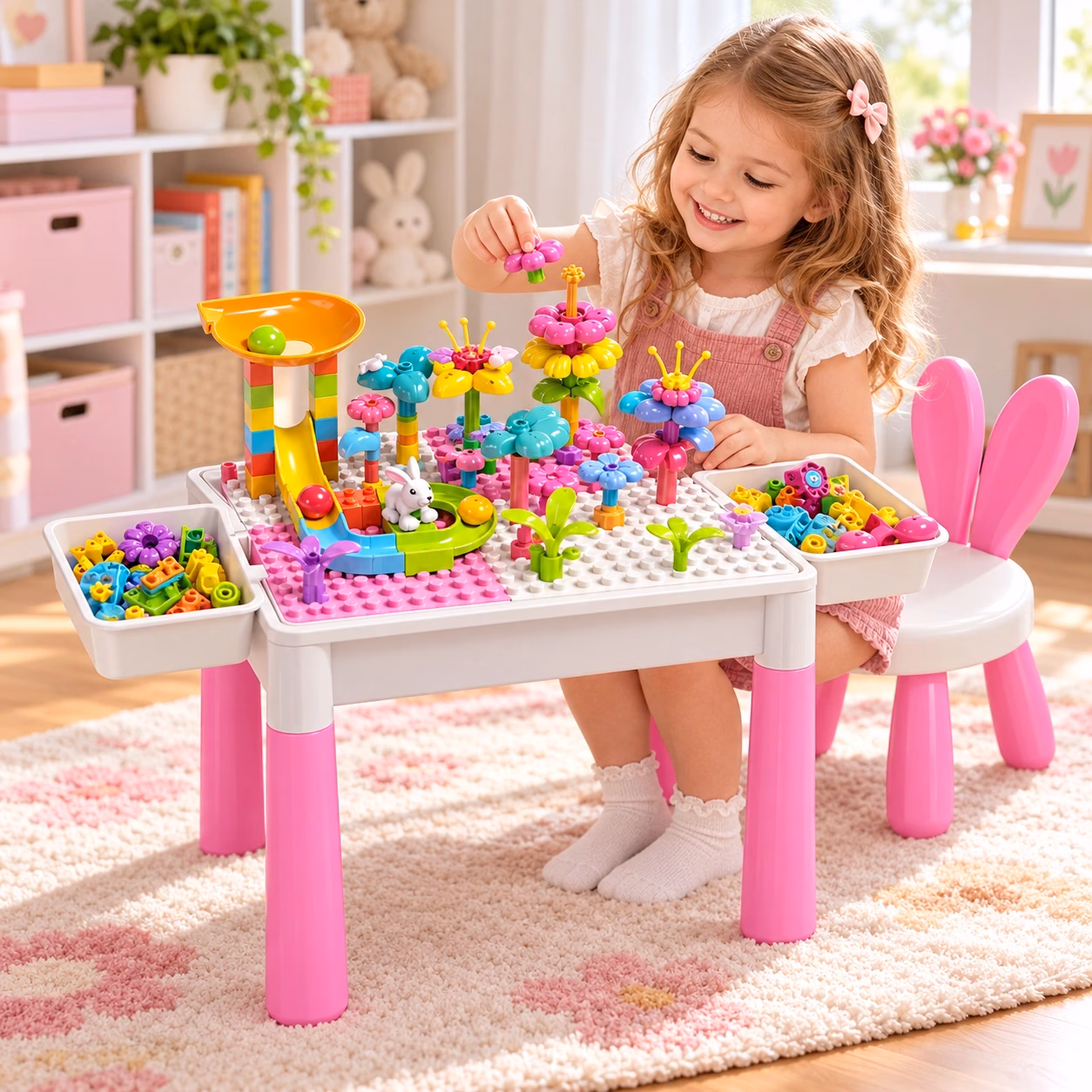 Enfant assise sur la chaise lapin assemblant des fleurs sur la table Enfant assise sur la chaise lapin assemblant des fleurs sur la table